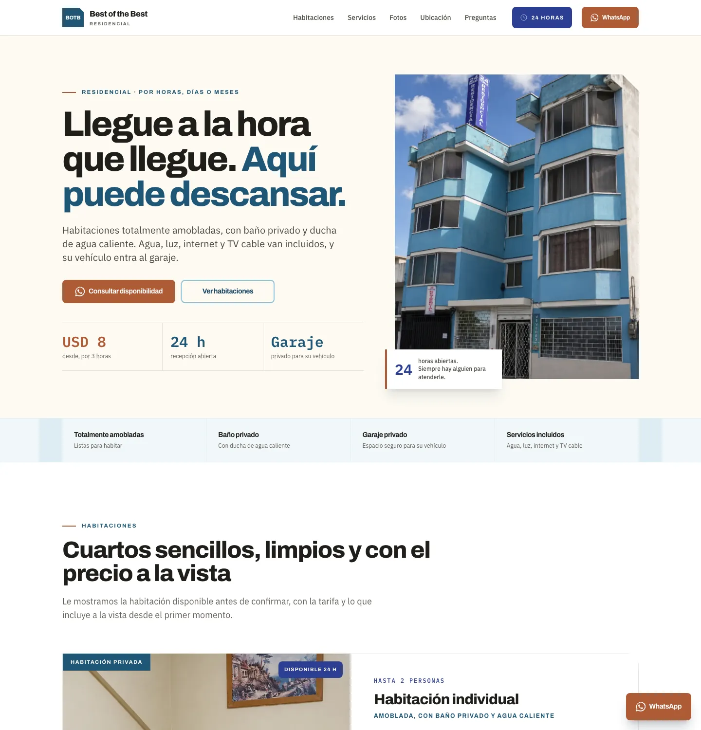 Landing page de Best of the Best: residencial por horas en Ibarra